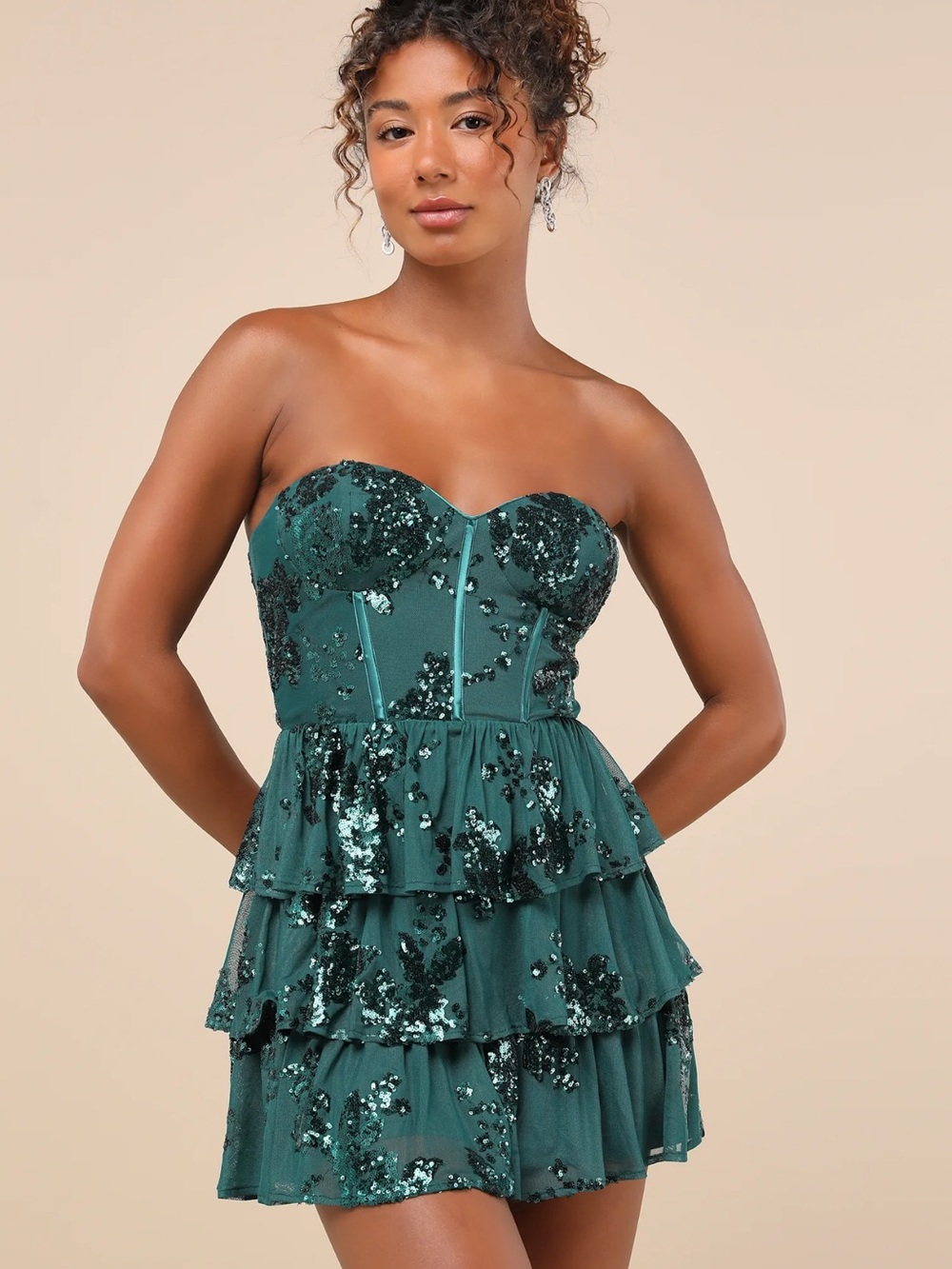 Lulus Definite Glamour Emerald Mesh Sequin Bustier Tiered Mini dress NWT Medium